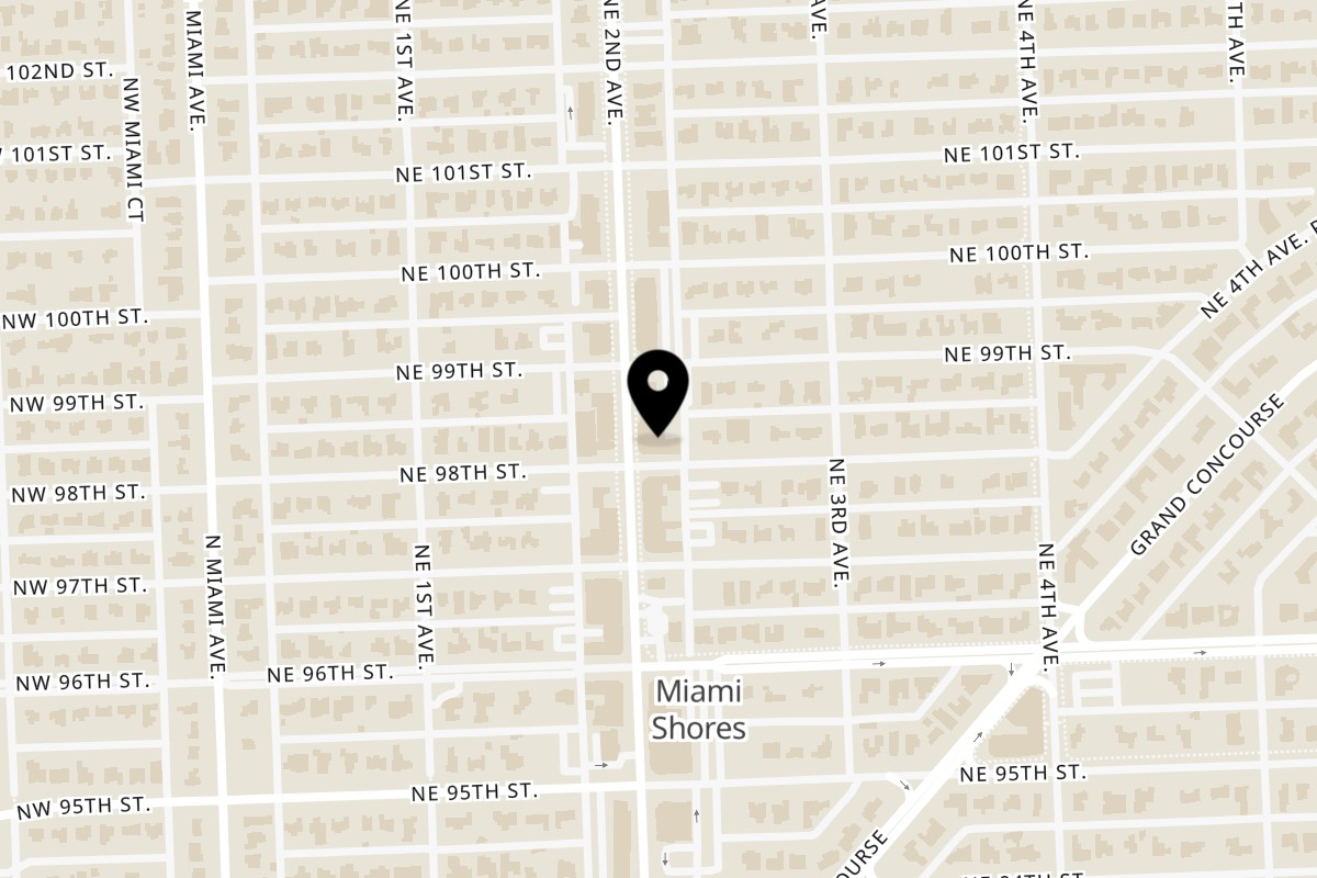 Map showing the location of Sins Gastrobar on 9835 NE 2nd Ave in Miami Shores